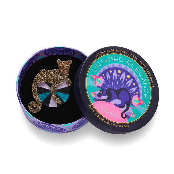 Untamed Elegance Collection "Roaring Opulence" Art Deco inspired layered resin leopard brooch, shown in illustrated round box packaging
