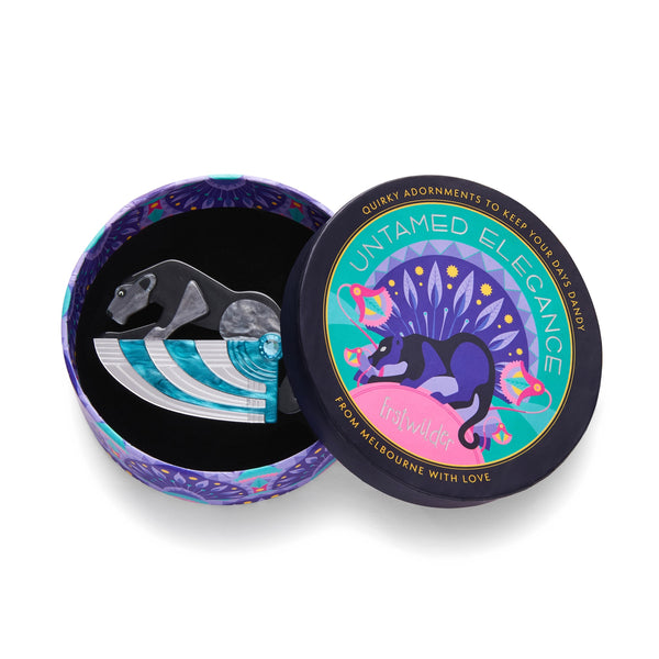 Untamed Elegance Collection "The Panther's Embrace" Art Deco inspired layered resin brooch, shown in illustrated round box packaging