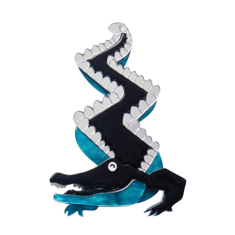 Untamed Elegance Collection "Stylish Smile" black, green, and mirror finish silver layered resin Art Deco style crocodile brooch