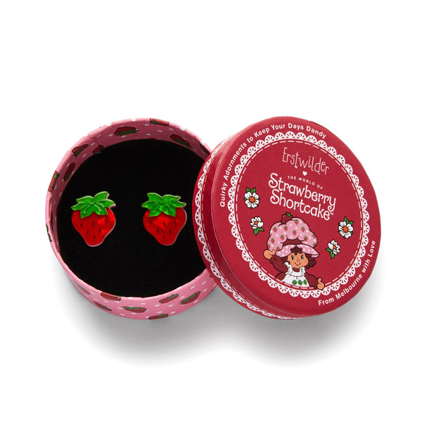 pair of "Darling Strawberry" layered resin post earrings, shown in illustrated round box packaging