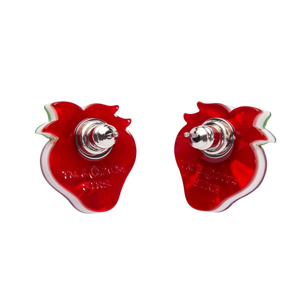 pair of "Darling Strawberry" layered resin post earrings, showing reverse