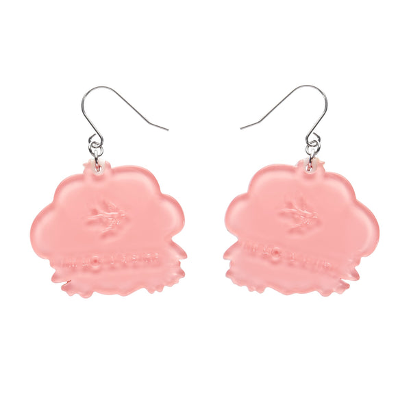 pair of "Big Adorable Strawberry Smile" Strawberry Shortcake character head layered resin dangle earrings, showing solid pink reverse