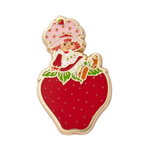 "Sitting on a Strawberry" Strawberry Shortcake character enameled gold metal clutch back pin