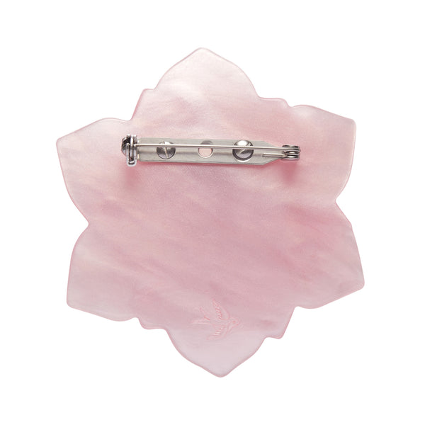 "Lotus Rising" pink flower layered resin brooch, showing solid pink back view