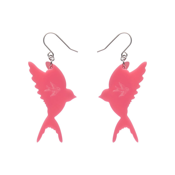 pair "Elodie and the Melody" pink birdie layered resin dangle earrings, showing back view