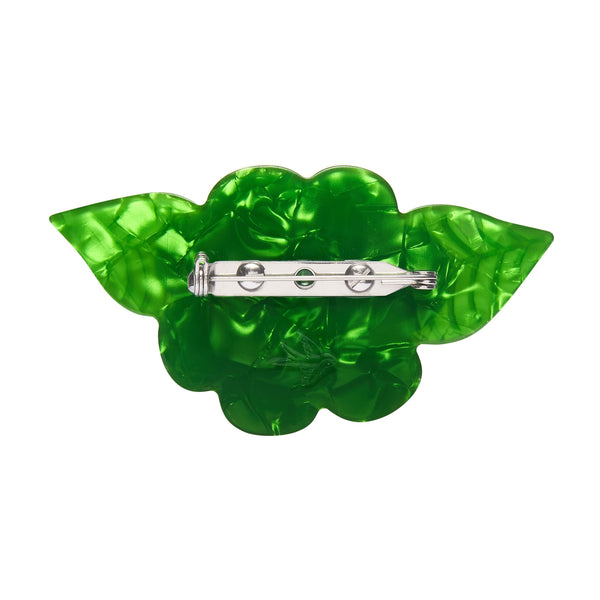 "Rosalita" red rose with two green leaves layered resin brooch, showing solid green back view