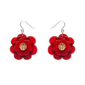 pair of "Rosalita" read rose bloom layered resin dangle earrings