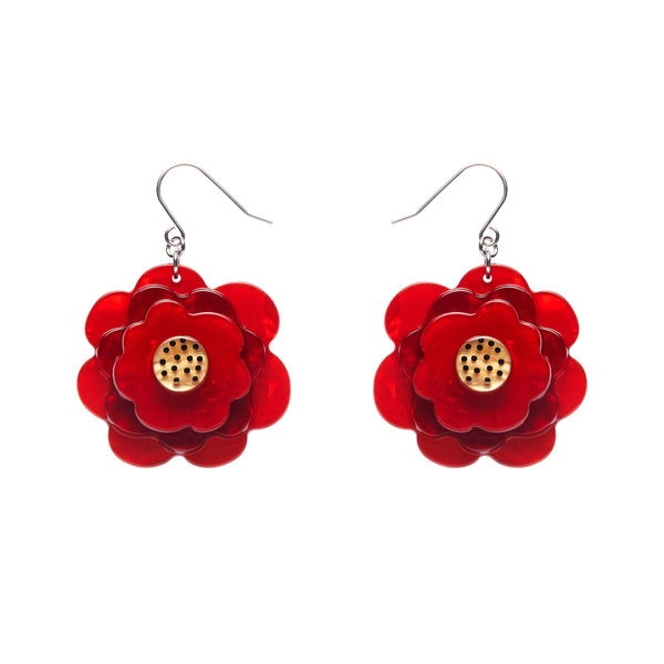 pair of "Rosalita" read rose bloom layered resin dangle earrings