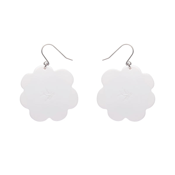 pair of "Rosalita" read rose bloom layered resin dangle earrings, showing solid white back view