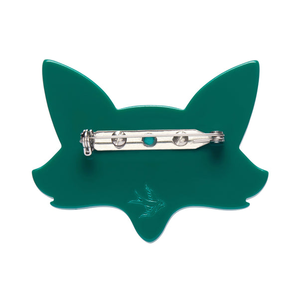 "Fatoush the Fennec Fox" layered resin teal blue fox head brooch, showing back view