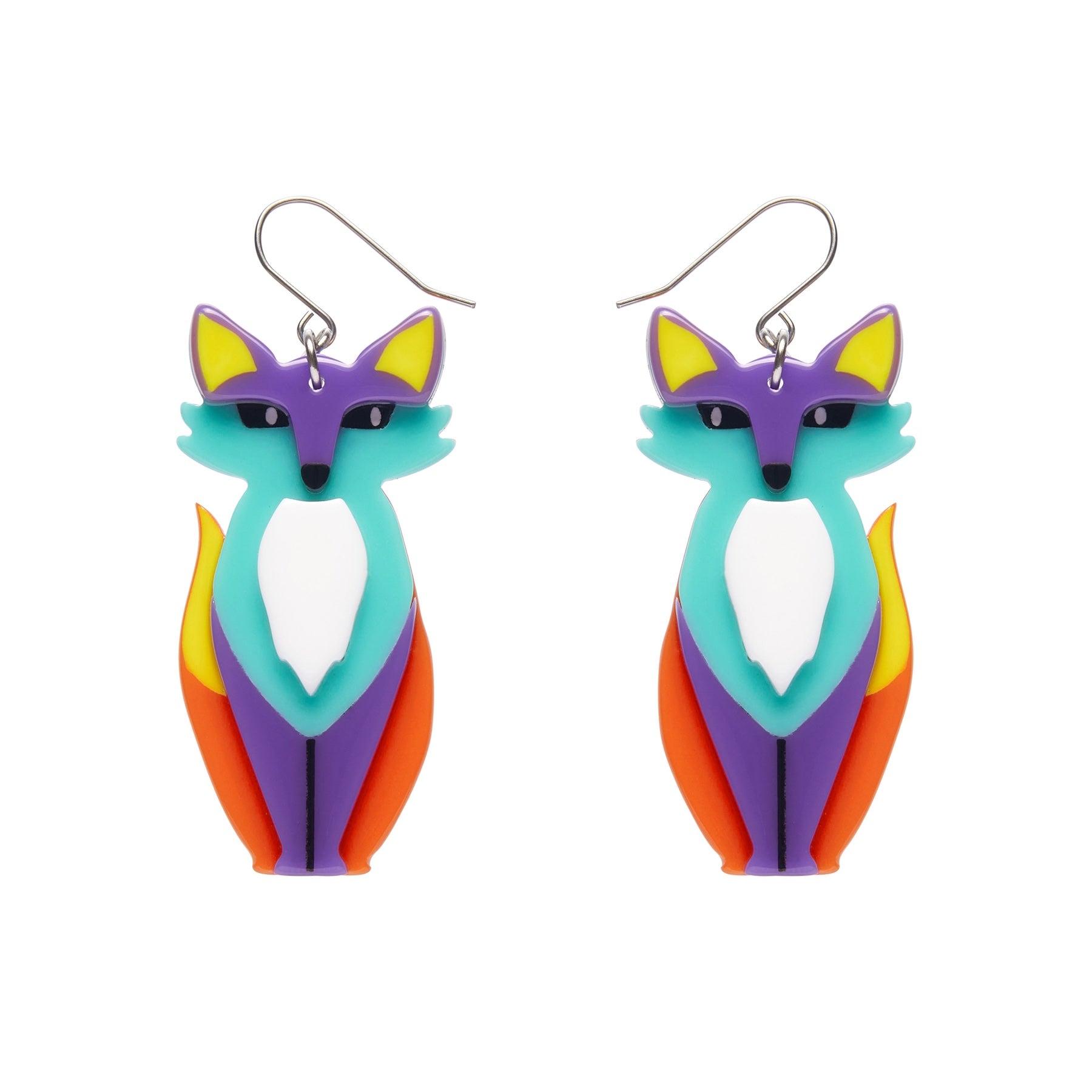pair "Varuka Fox" orange, white, mint, purple, yellow, and black layered resin sitting fox dangle earrings