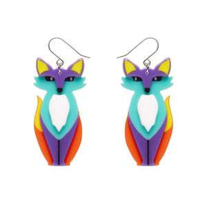 pair "Varuka Fox" orange, white, mint, purple, yellow, and black layered resin sitting fox dangle earrings