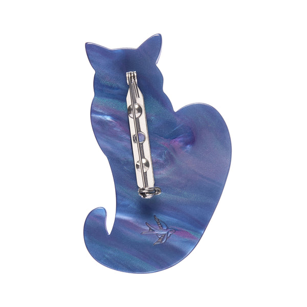 "Claudette" blue layered resin sitting cat brooch, showing back view