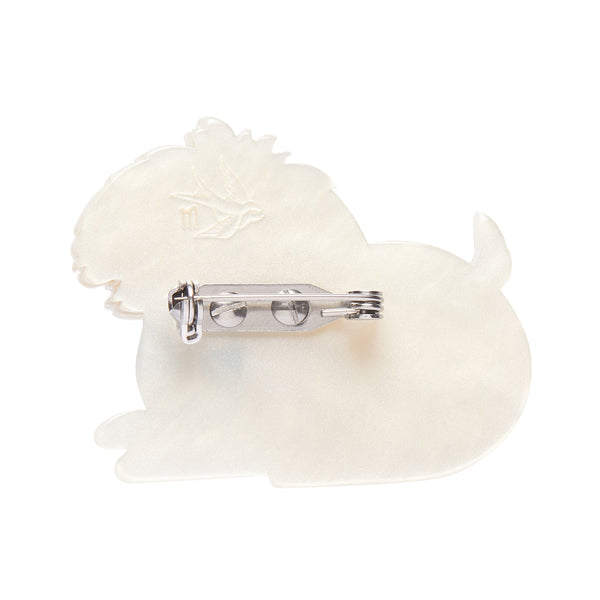 Dog Minis Collection "Marc the Maltese" white seated dofg with blue bow tie layered resin brooch, showing back view