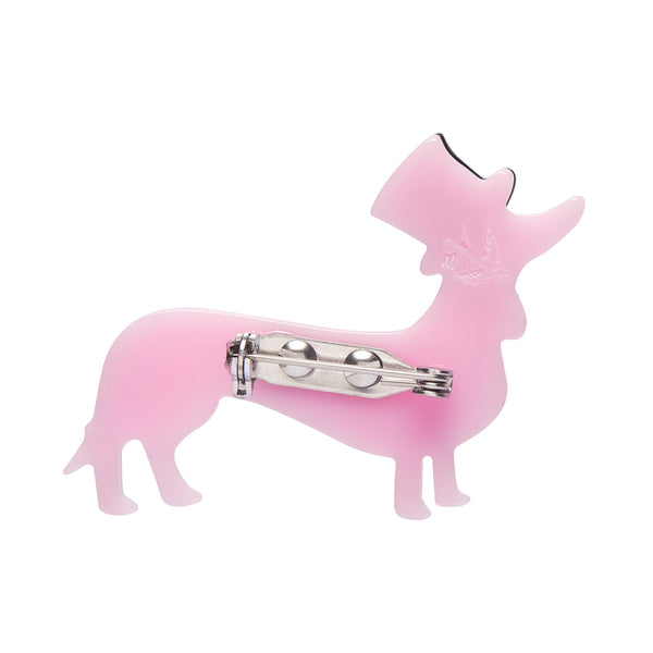 Dog Minis Collection "Dapper Dachsund" standing pink floral patterned dachshund in a top hat layered resin brooch, showing view of silver metal clasp on back