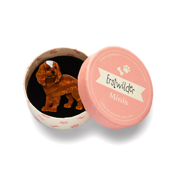 Dog Minis Collection "Charles III" standing brown Cavalier King Charles Spaniel layered resin brooch, shown in illustrated round box packaging