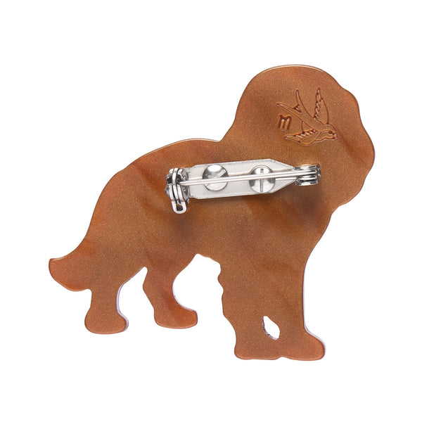 Dog Minis Collection "Charles III" standing brown Cavalier King Charles Spaniel layered resin brooch, showing clasp on back