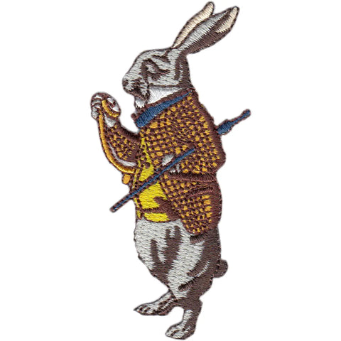 embroidered patch of the White Rabbit from Lewis Carroll’s 1865 children’s book Alice in Wonderland, as illustrated by John Tenniel