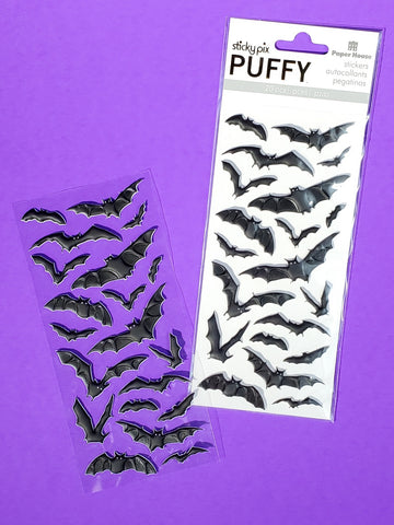 packaged 3" x 6 1/2" sheet of 20 different 5/8" - 2 1/4" die-cut puffy black vinyl Halloween bat stickers