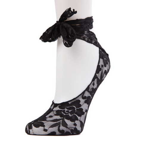 black floral pattern lace ankle-tie sock