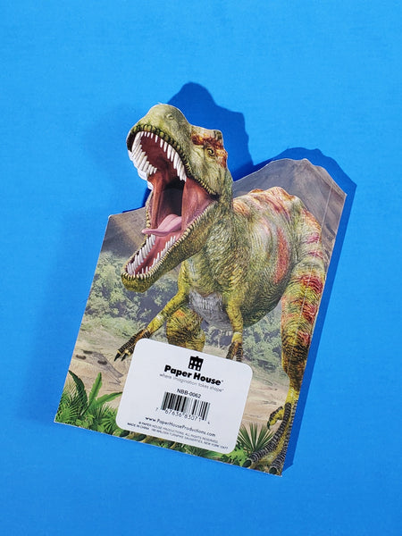 color illustrated image Tyrannosaurus rex die-cut top edge mini notebook, showing back view