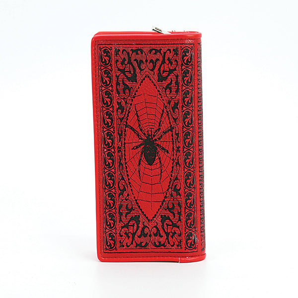 textured red faux leather with black print book-shaped "Grimoire: A Compendium of Magick Workings" wallet, shown back view woth spider design