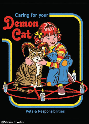 Steven Rhodes Sinister 70s "Caring for your Demon Cat" Pets & Responsibilities book cover style illustrated 2.5" x 3.5" rectangular refrigerator magnet