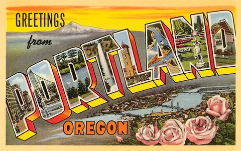 A postcard with a vintage souvenir postcard design that says “Greetings from Portland”