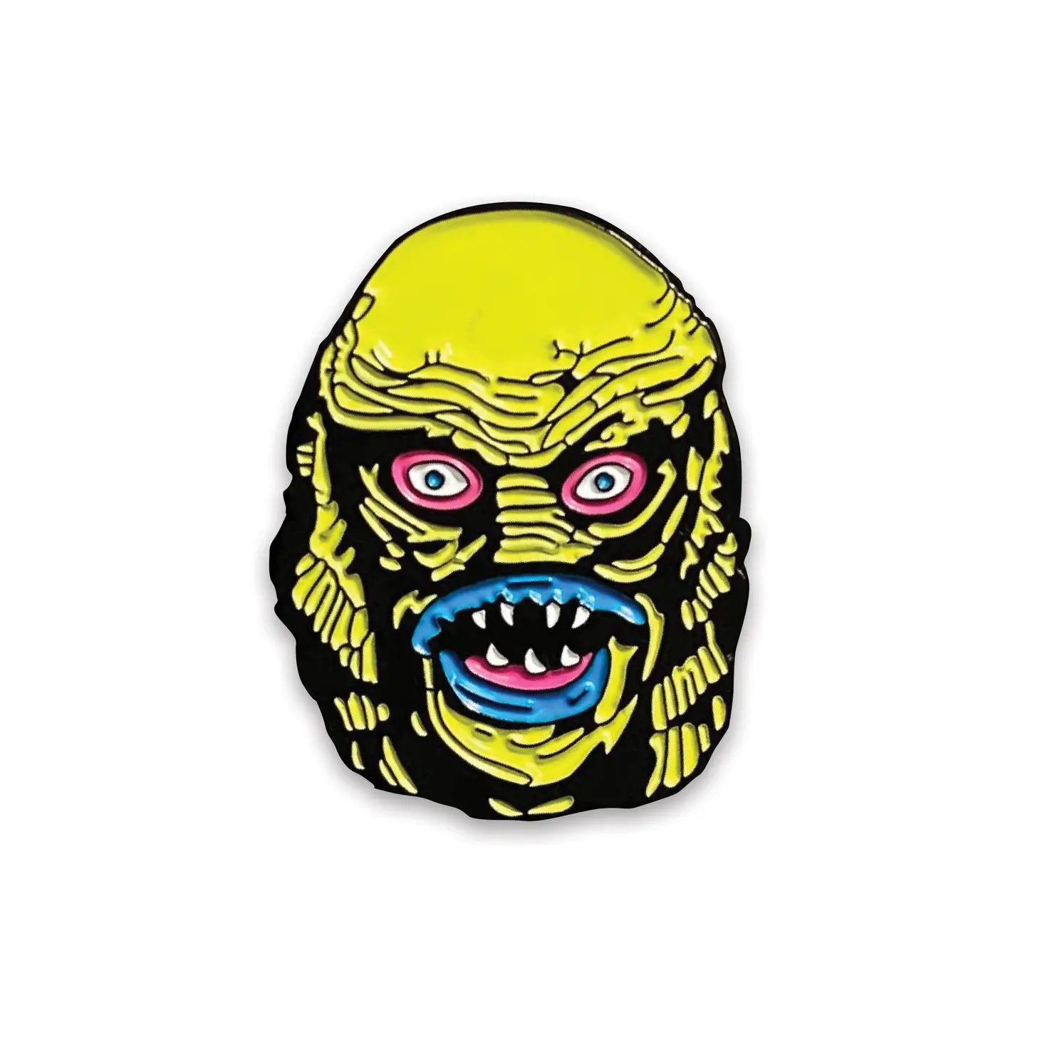 A black and neon green, pink, and blue enamel pin of the Creature from the Black Lagoon