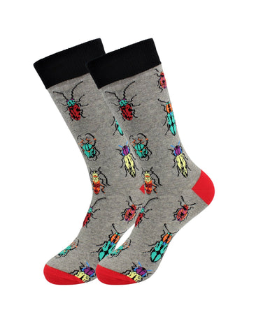 Allover assorted colorful beetles design on soft and comfortable heather grey cotton blend crew socks