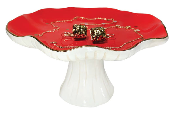 Red, white, and metallic gold hand-painted ceramic toadstool mushroom shaped pedestal trinket dish, shown with example trinkets
