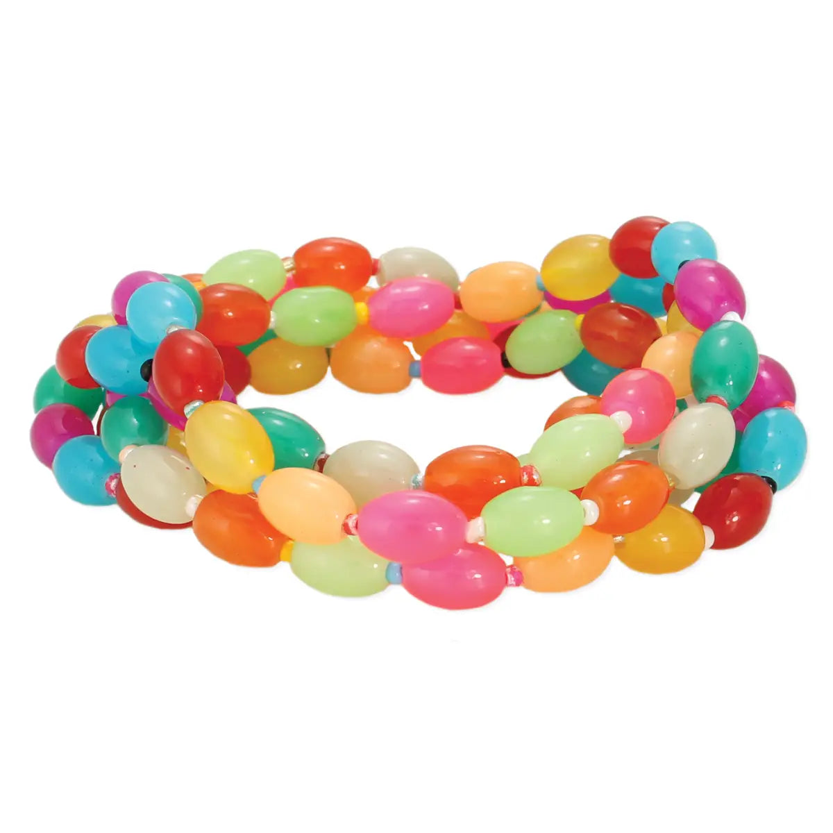 A set of 5 bracelets of neon colored glass beads resembling jellybeans 