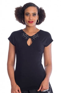 inky black Release the Spiders Top, featuring dolman-style cap sleeves (no shoulder seams), slight gathering at curved under-bust seam, white stitched spiderweb batwing shaped "bow" at the peek-a-boo keyhole neckline, and is finished with a button closure keyhole at the nape. shown on model