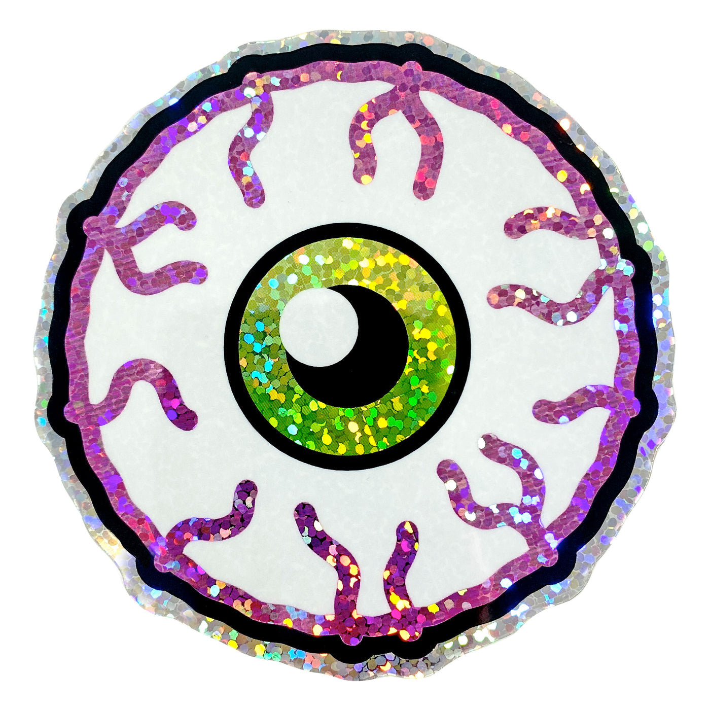 glittery die cut vinyl sticker of a pink and green bloodshot eyeball