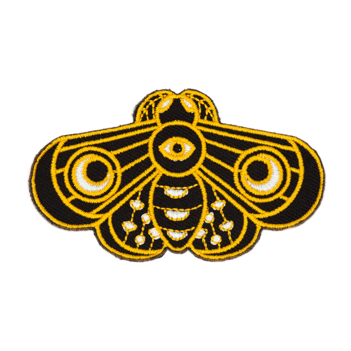 "Lunar Moth" black, yellow, and white moth embroidered patch with witchy crescent moon and eye motif