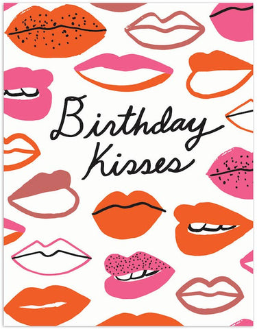 "Birthday Kisses" black text greeted card featuring assorted pretty pink and red moues