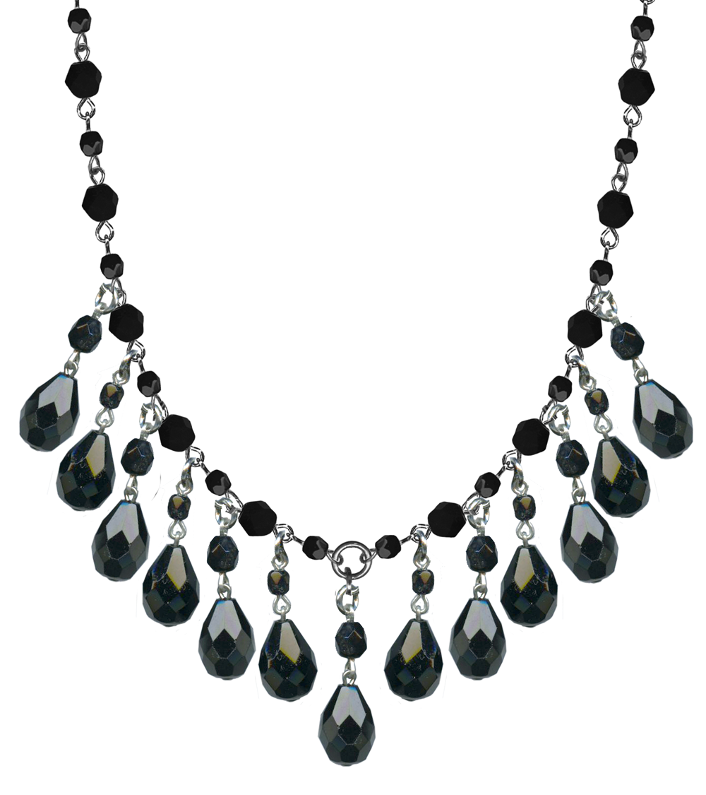 Faceted black glass bead and silver toned metal link necklace with dangling jet black faceted teardrop beads