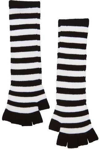 10 3/4” long black & white stripe knit fingerless gloves 