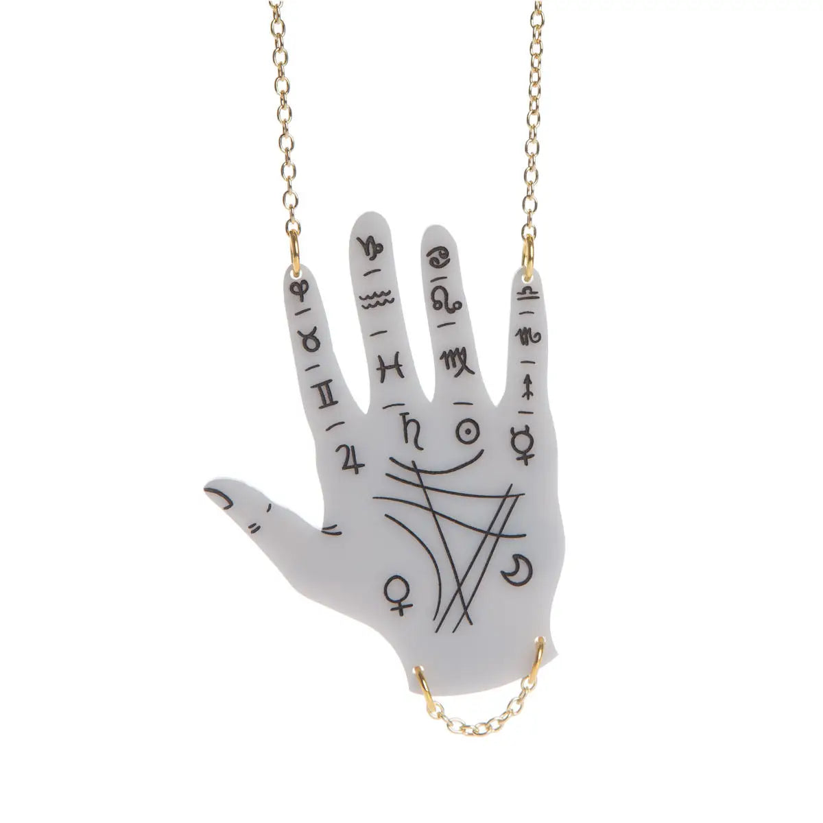 laser-cut light grey acrylic hand engraved and hand-painted with symbols used in the art of palm reading with a delicate gold metal chain hanging from the wrist- hung on an 18” gold plated chain