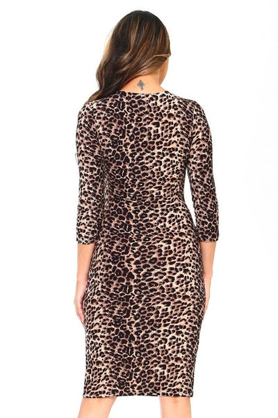 stretchy brushed fiber knit leopard print dress with 3/4 sleeves and round neckline in just-below-the-knee length, shown back view on model