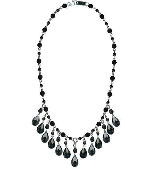 Faceted black glass bead and silver toned metal link necklace with dangling jet black faceted teardrop beads