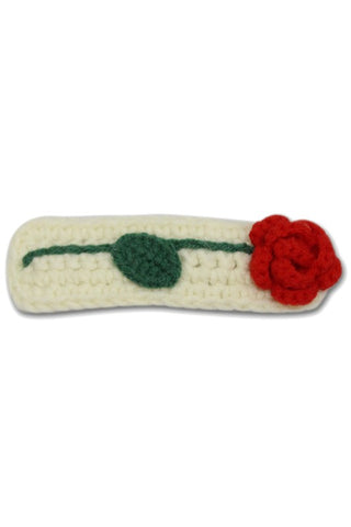 crocheted red rose with green leaf and stem on creamy white base 2 7/8" x 1" snap barrette