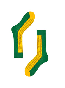 Yellow & green cotton blend crew socks designed to look like corn on the cob