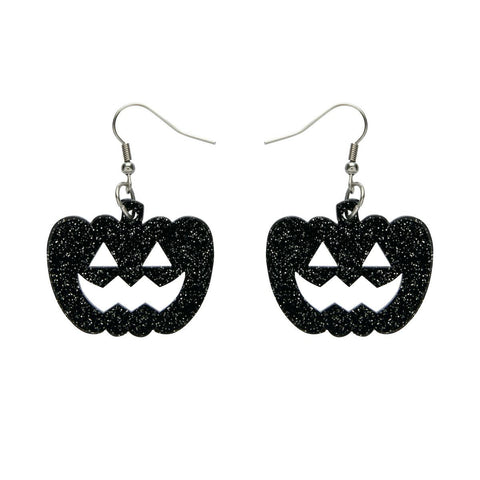 pair black glitter jack-o'-lantern pumpkin 100% Acrylic resin dangle earrings