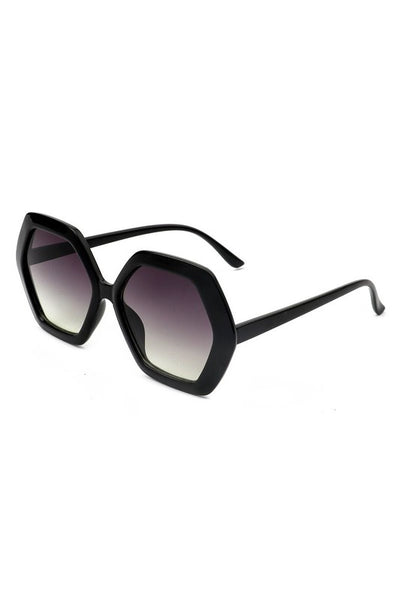 large hexagon shape plastic frame sunglasses in shiny black with gradient smoke lens