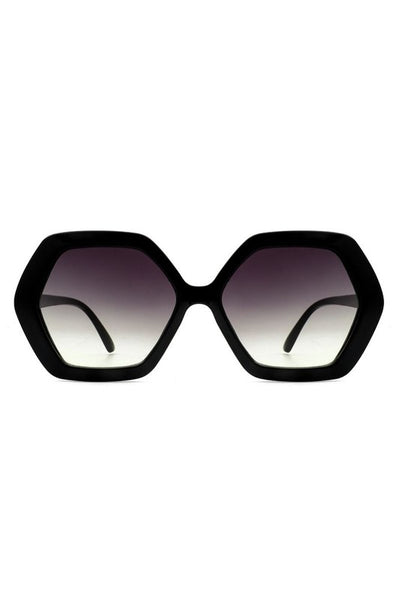 large hexagon shape plastic frame sunglasses in shiny black with gradient  smoke lens