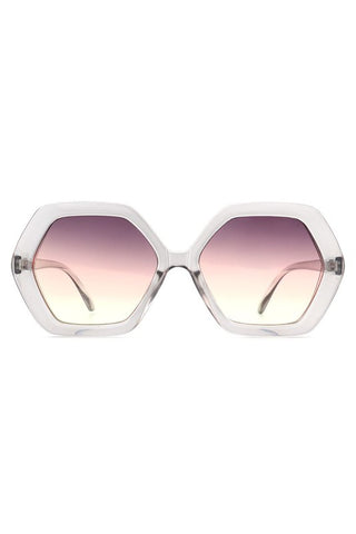large hexagon shape plastic frame sunglasses in transparent grey with gradient rosy smoke lens