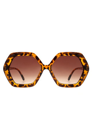 large hexagon shape plastic frame sunglasses in tortoiseshell pattern with gradient brown lens