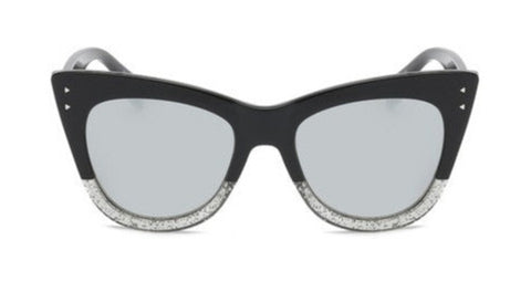 Thick two-tone plastic frame cat eye sunglasses in black & translucent glitter-infused grey with smoke lens