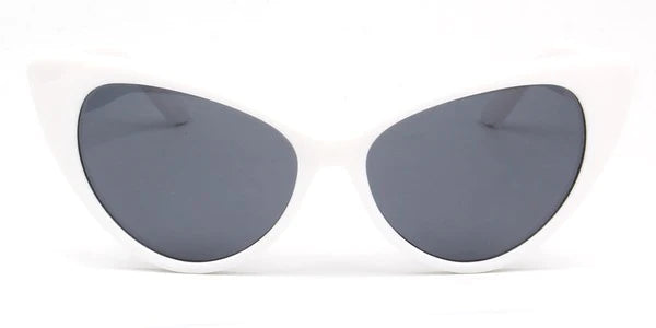 white plastic frame pointy cat-eye shaped sunglasses with black smoke lens